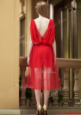 Exclusive Bateau Lace Tea Length Prom Dresses in Red