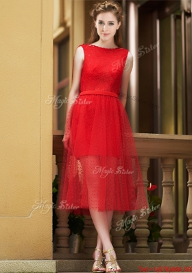 Exclusive Bateau Lace Tea Length Prom Dresses in Red