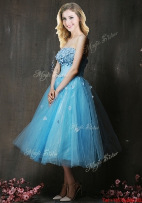 Lovely Strapless Applique Bust Baby Blue Prom Dresses in Tea Length