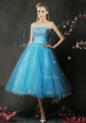 Lovely Strapless Applique Bust Baby Blue Prom Dresses in Tea Length