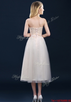 Low Price Strapless Belt Champagne Long Prom Dresses  in Tulle