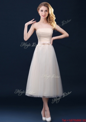 Low Price Strapless Belt Champagne Long Prom Dresses  in Tulle