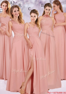 Modest Ruched Decorated Bodice Peach Prom Dresses  with V Neck