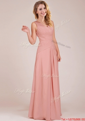 Modest Ruched Decorated Bodice Peach Prom Dresses  with V Neck