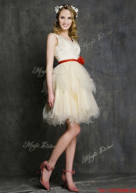 Most Popular V Neck Short  Prom Dresses with Belt and Ruffled Layers