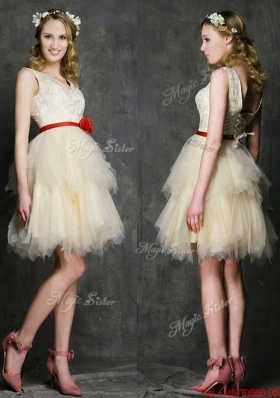 Most Popular V Neck Short  Prom Dresses with Belt and Ruffled Layers