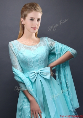 Romantic Aqua Blue Scoop Half Sleeves Prom Dresses with Bowknot