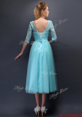 Romantic Aqua Blue Scoop Half Sleeves Prom Dresses with Bowknot