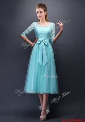 Romantic Aqua Blue Scoop Half Sleeves Prom Dresses with Bowknot