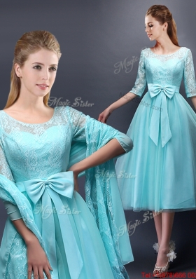 Romantic Aqua Blue Scoop Half Sleeves Prom Dresses with Bowknot