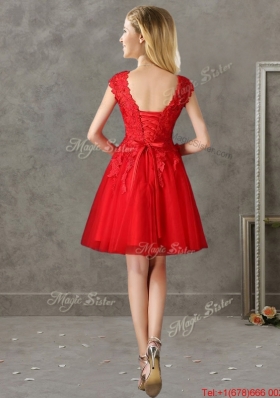 Romantic Bateau Cap Sleeves Short Prom Dresses with Lace