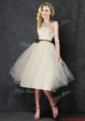 Sweet High Neck Champagne Prom Dresses with Hand Made Flowers and Lace