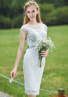 Luxurious See Through Scoop Cap Sleeves Bridesmaid Dress with Sashes