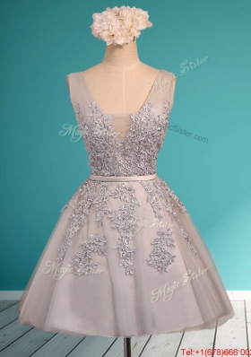 See Through Deep V Neckline Bridesmaid Dress with Appliques and Belt