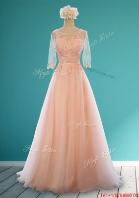 See Through Scoop Half Sleeves Bridesmaid Dress with Appliques and Belt