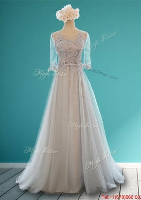 See Through Scoop Half Sleeves Bridesmaid Dress with Appliques and Belt