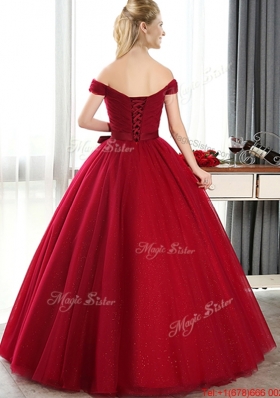 Cheap Off the Shoulder Wine Red Bride Dresses with Bowknot