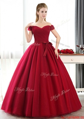 Cheap Off the Shoulder Wine Red Bride Dresses with Bowknot