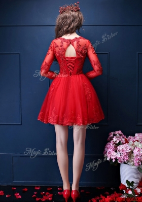 Classical Scoop Three Fourth Length Sleeves Short  Mother of Bride Dresses with Beading and Lace