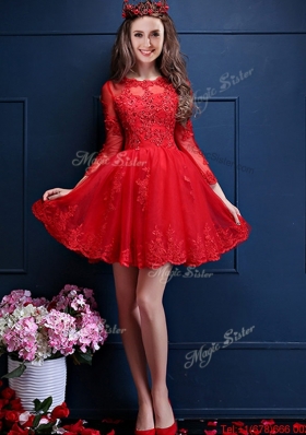 Classical Scoop Three Fourth Length Sleeves Short  Mother of Bride Dresses with Beading and Lace