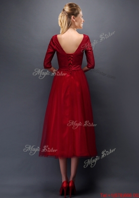 Gorgeous Scoop Half Sleeves Bowknot Mother of Bride Dresses  in Wine Red