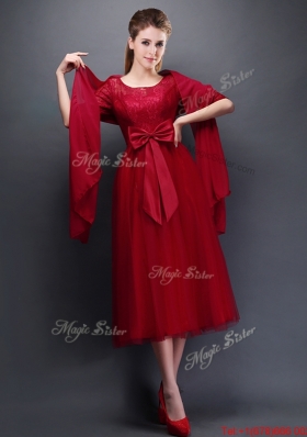 Gorgeous Scoop Half Sleeves Bowknot Mother of Bride Dresses  in Wine Red