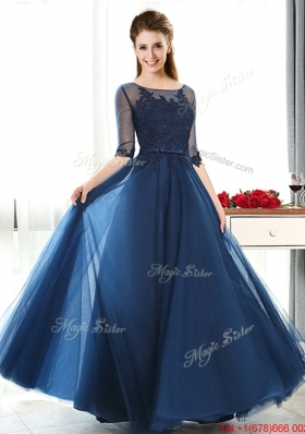 Luxurious See Through Scoop Half Sleeves Mother of Bride Dresses with Lace and Belt