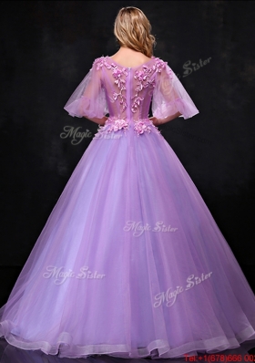 See Through Half Sleeves Bateau Mother of Bride Dresses with Hand Made Flowers