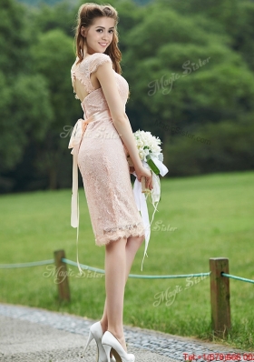 See Through Scoop Cap Sleeves Mother of Bride Dresses with Sashes