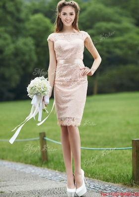 See Through Scoop Cap Sleeves Mother of Bride Dresses with Sashes