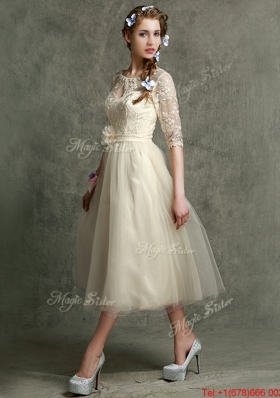 See Through Scoop Half Sleeves Mother of Bride Dresses with Hand Made Flowers and Lace