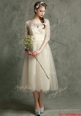 See Through Scoop Half Sleeves Mother of Bride Dresses with Hand Made Flowers and Lace