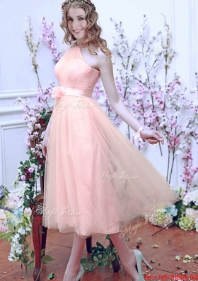 Beautiful Halter Top Baby Pink Prom Dresses with Hand Made Flowers