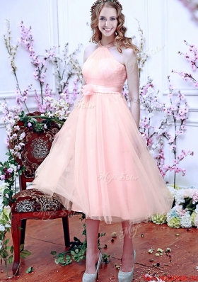 Beautiful Halter Top Baby Pink Prom Dresses with Hand Made Flowers