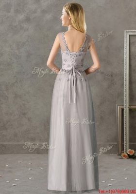 Cheap See Through Scoop Grey Long Mother of Bride Dresses  with Appliques