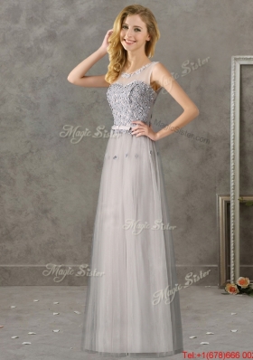 Cheap See Through Scoop Grey Long Mother of Bride Dresses  with Appliques