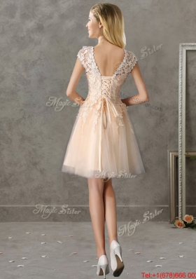 Classical Bateau Cap Sleeves Lace Mother of Bride Dresses  in Champagne