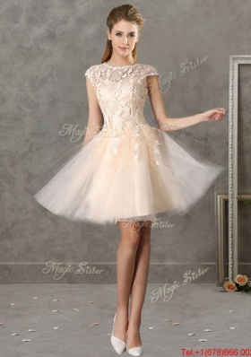 Classical Bateau Cap Sleeves Lace Mother of Bride Dresses  in Champagne