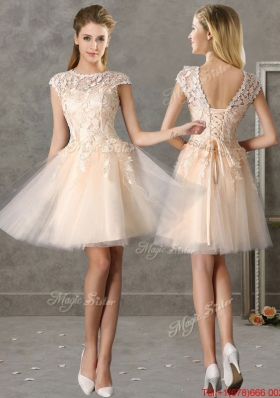 Classical Bateau Cap Sleeves Lace Mother of Bride Dresses  in Champagne