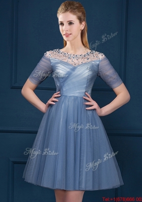 Exclusive Scoop Short Sleeves Beading Mother of Bride Dresses in Navy Blue