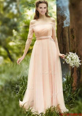 Fashionable Off the Shoulder Half Sleeves Prom Dresses with Ribbons