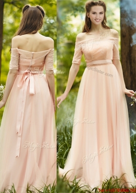 Fashionable Off the Shoulder Half Sleeves Prom Dresses with Ribbons