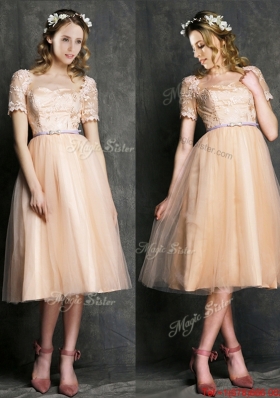 Lovely Bateau Short Sleeves Prom Dresses  with Sashes and Lace