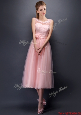 Lovely Hand Made Flowers and Applique Scoop Prom Dresses in Baby Pink