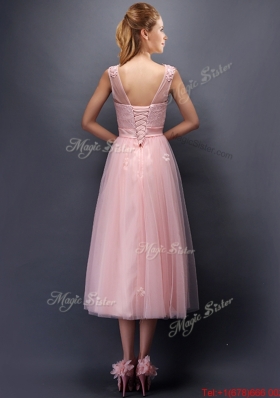 Lovely Hand Made Flowers and Applique Scoop Prom Dresses in Baby Pink