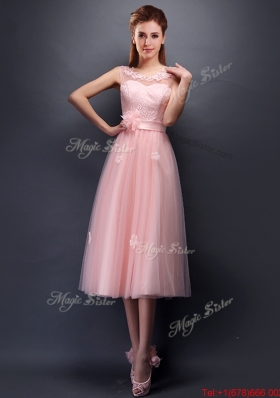 Lovely Hand Made Flowers and Applique Scoop Prom Dresses in Baby Pink