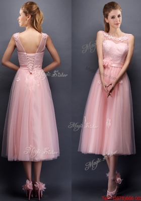Lovely Hand Made Flowers and Applique Scoop Prom Dresses in Baby Pink