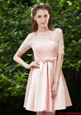 Lovely High Neck Short Sleeves  Mother of Bride Dresses with Lace and Bowknot