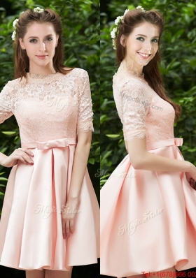 Lovely High Neck Short Sleeves  Mother of Bride Dresses with Lace and Bowknot