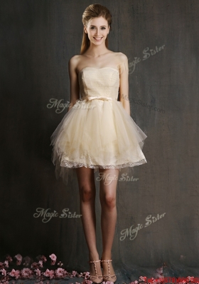 Lovely Sweetheart Short Champagne  Prom Dresses  with Belt and Ruffles